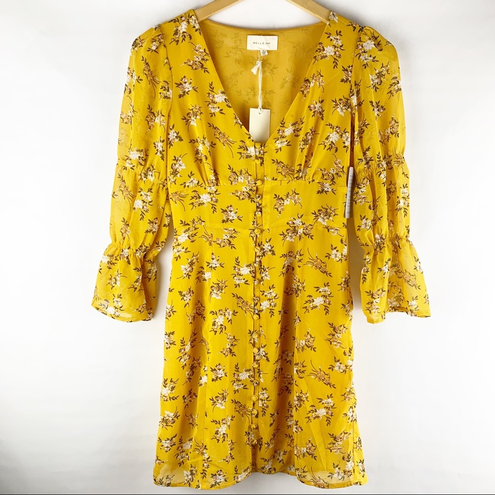 Mello Day Yellow Floral Peasant Sleeve Dress Sz S